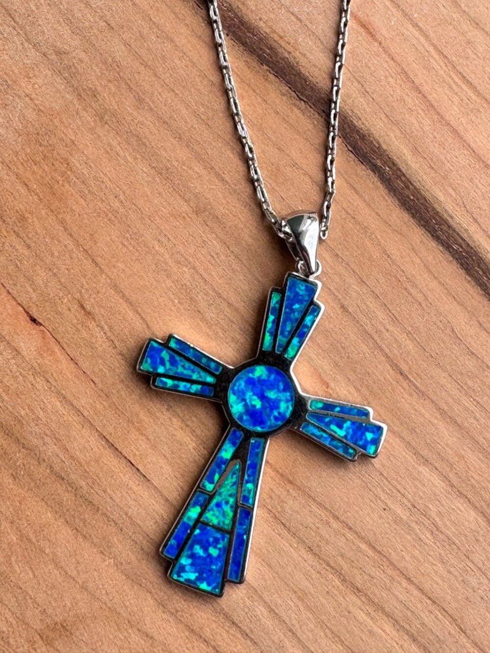 Sterling Silver Blue Opal Inlay Cross Pendant Necklace 23” Chain 7.3g 2” - Picture 7 of 8